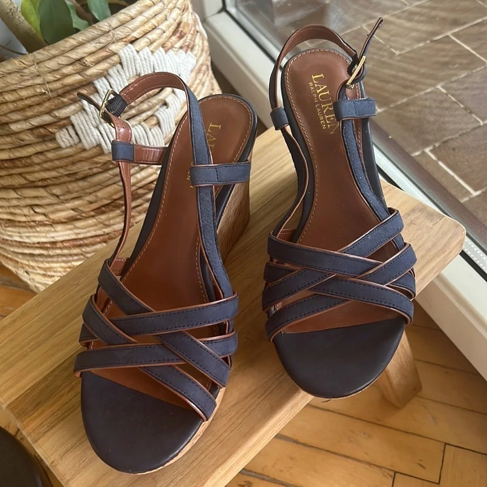 Lauren Ralph Lauren QUAYLIN Navy Blue Peep Toe Cork Wedge Heel Shoes 7 - Picture 7 of 10